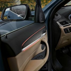 BMW X1、車内 F48 BMW X1、多機能ハンドルに焦点を当てた車内のショット。F48