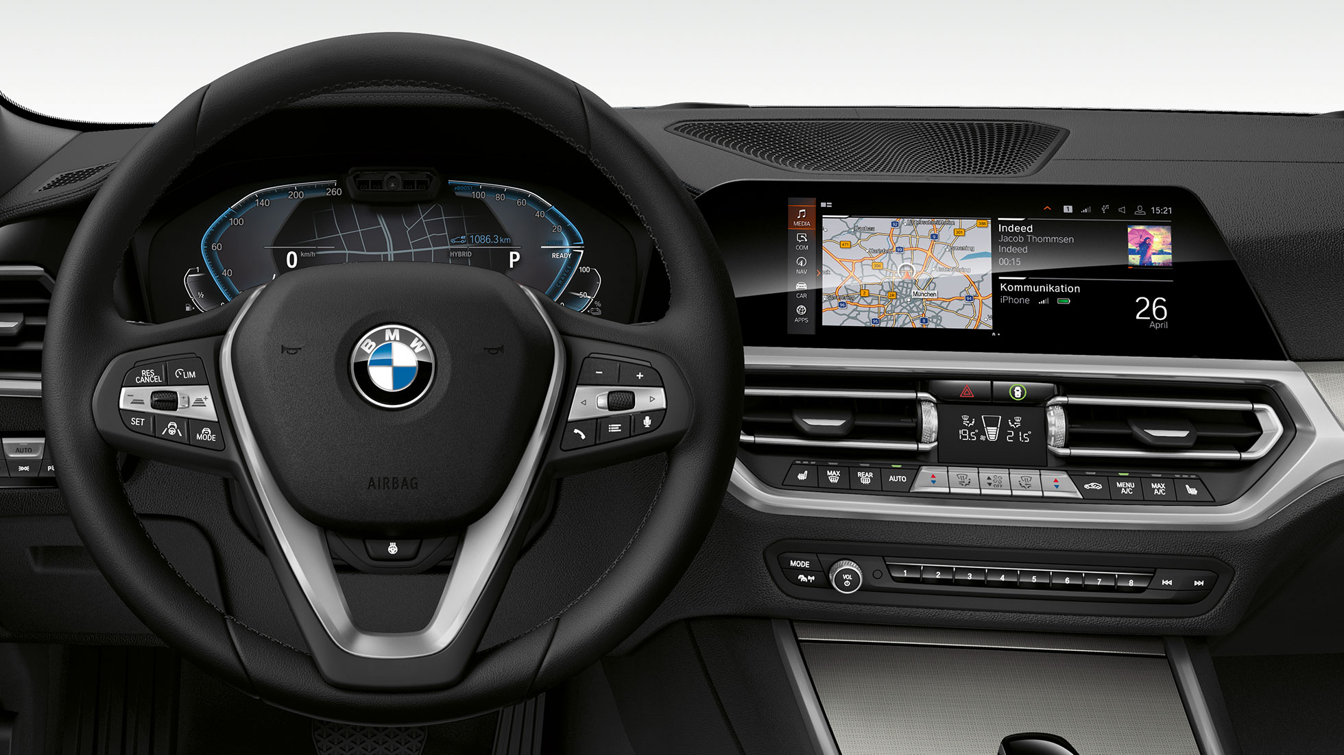 BMW 330eコックピット。 i 専用ディスプレイを採用したBMW 3シリーズ セダンのコックピットとフロント・ビュー。