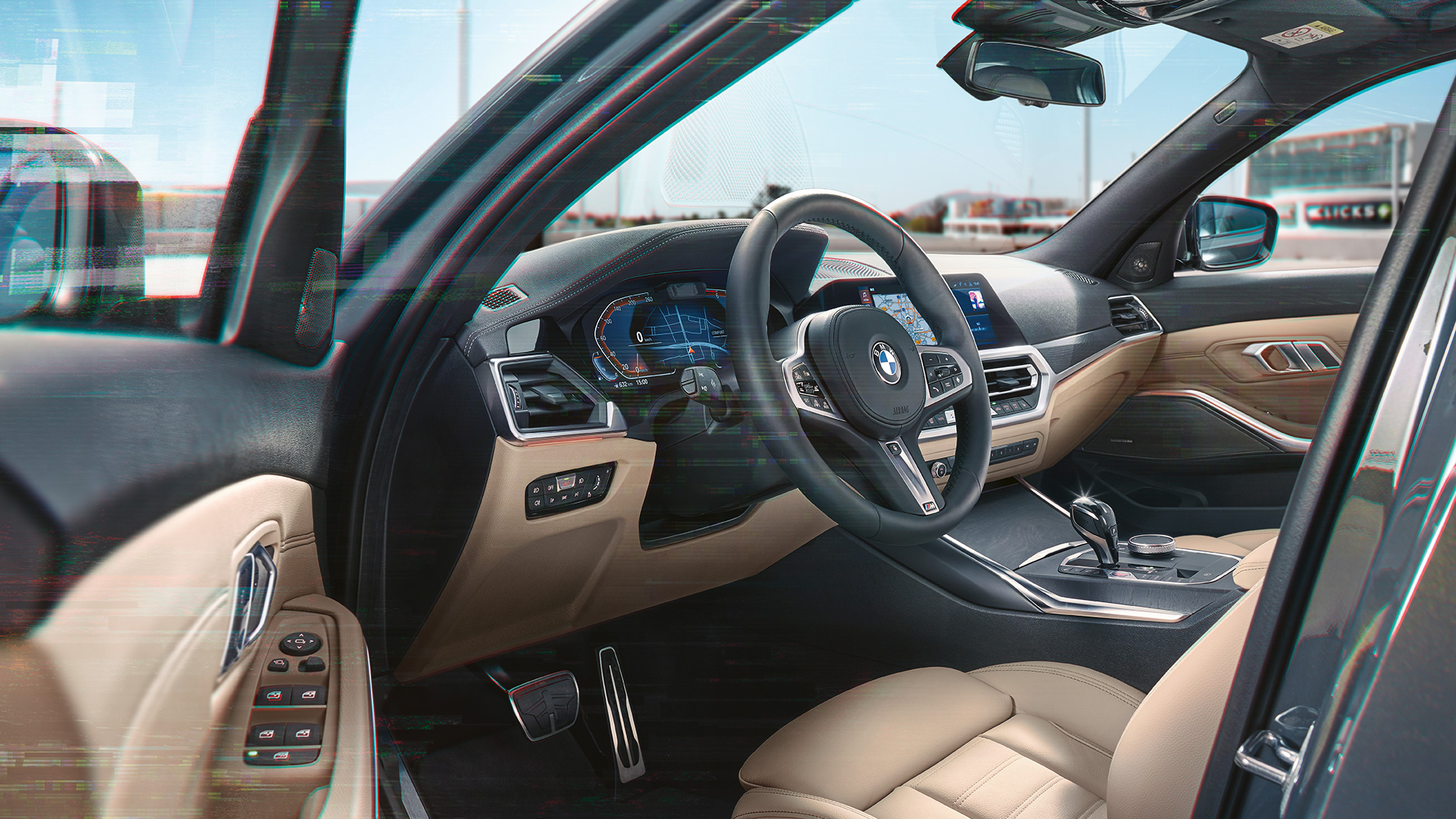 BMW 3 シリーズ ツーリング、コックピットの詳細画像 G21 BMW 3 シリーズ ツーリング、都市部を背景にしたコックピットの詳細画像 G21