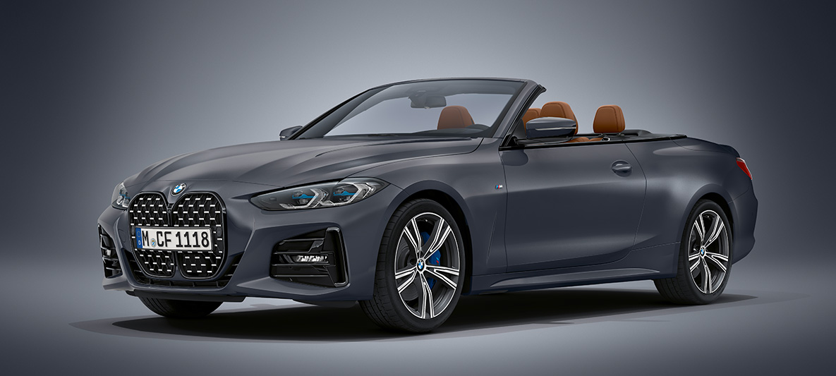 BMW Individual フローズン・ディープ・グレー・メタリック BMW 4シリーズ カブリオレ G23 2020 BMW 4シリーズ カブリオレ Individual フローズン・ディープ・グレー・メタリック G23 2020、斜めからのフロント・ビュー、静止中