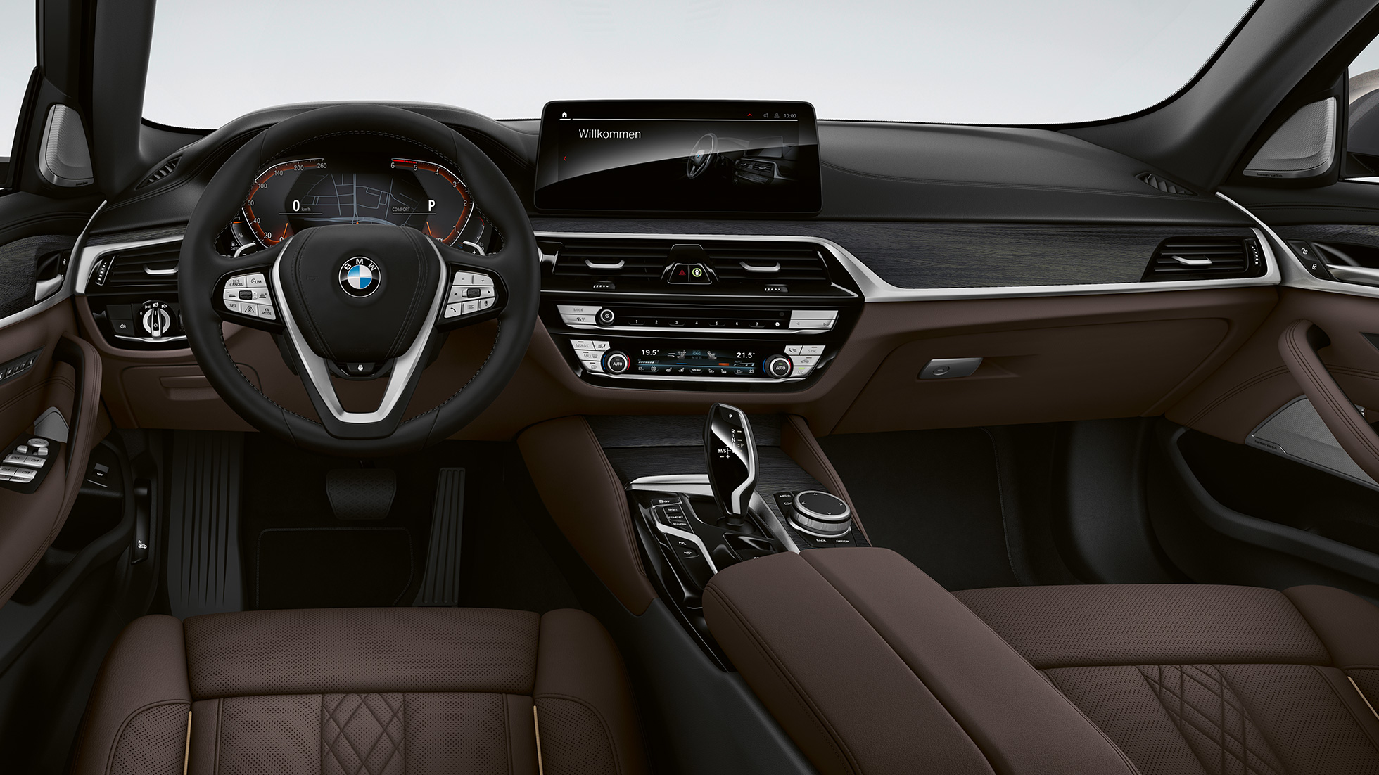コックピットBMW5シリーズセダンG30ラグジュアリーライン コックピットBMW5シリーズセダン520D xDrive G30 2020ラグジュアリーライン専用レザー「ナッパ」モカルカ専用ステッチ付き