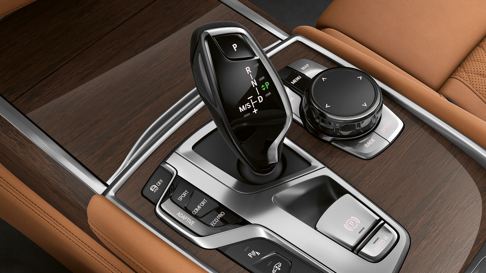 エクステリア・デザイン・ピュア・エクセレンスを採用したBMW 7 シリーズ セダン:ギア・セレクター エクステリア・デザイン・ピュア・エクセレンスを採用したBMW 7 シリーズ セダン:ギア・セレクターのクローズアップ