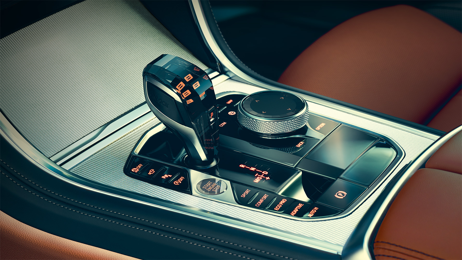 BMW 8シリーズ クーペ インテリアのガラスによる装飾 ガラスを施した BMW 8シリーズ クーペの内装のクロースアップショット。