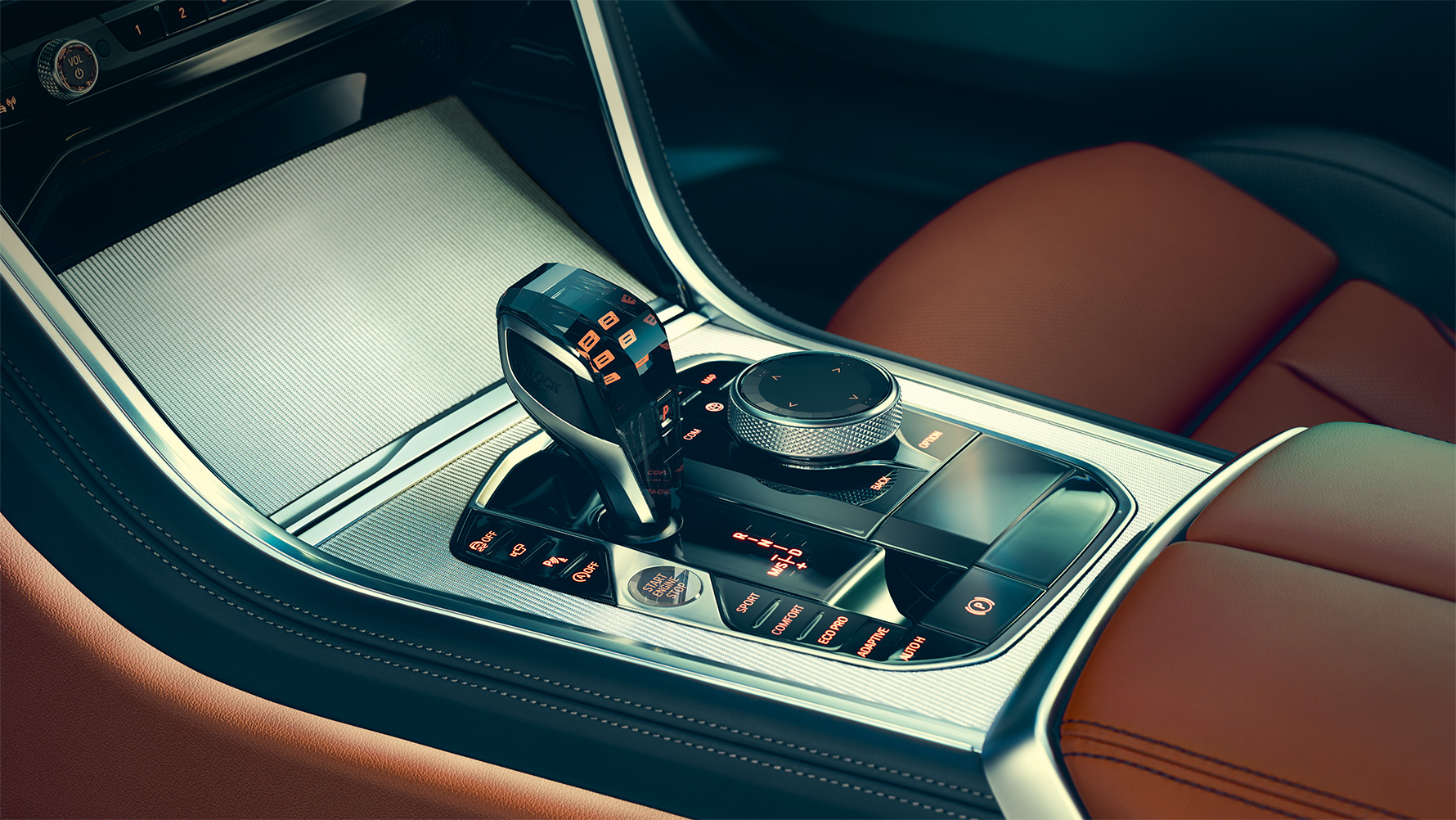 BMW 8シリーズ クーペ、センター・コンソール ミドルコンソールにフォーカスした BMW 8シリーズ クーペの内装クロースアップショット。