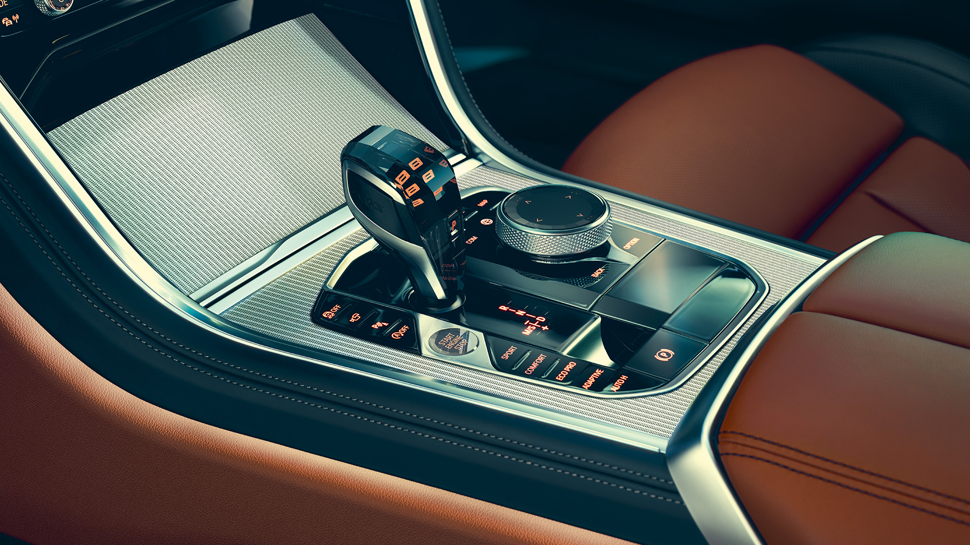 BMW 8シリーズ クーペのインテリア。 BMW 8erクーペ、インテリア、ギアセレクターのクローズ・アップ・ビュー。