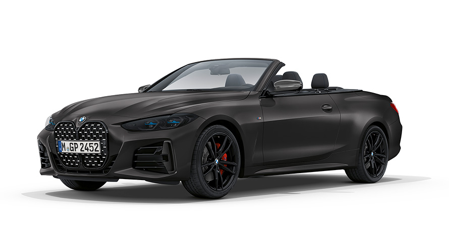 BMW M440i xDrive カブリオ G23 2020 BMW Individual フローズン・ポルティマオ・ブルー・メタリック、斜めからのフロント・ビュー
