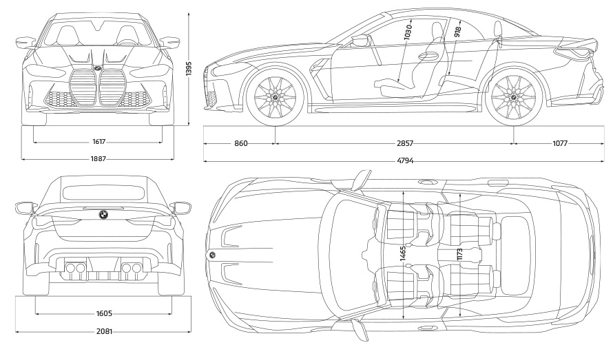 M xDrive搭載BMW M4 カブリオレ Competition G83 2021 線画 サイド・ビュー M xDrive搭載BMW M4 カブリオレ Competition G83 2021 線画寸法 サイド・ビュー