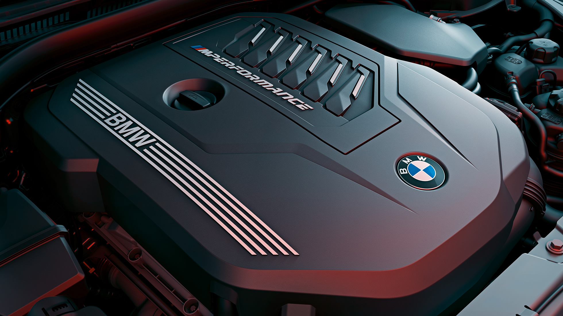 BMW M440i xDrive クーペ G22 2020 のBMWツインパワー・ターボ・ガソリン・エンジン BMW M440i xDrive クーペ G22 2020 の6気筒BMWツインパワー・ターボ・インライン・ガソリン・エンジンのクローズ・アップ