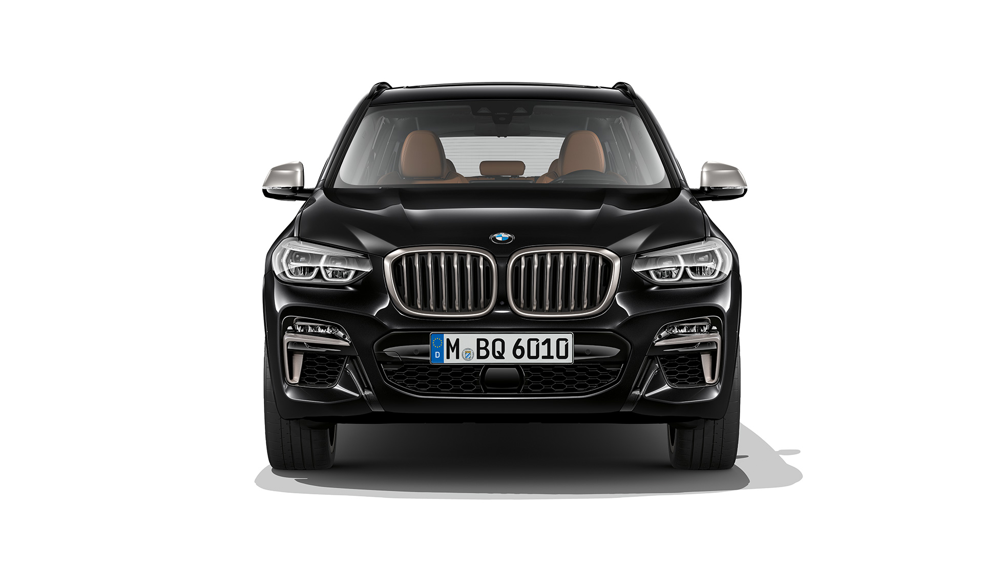 BMW X3 M40d、フロントビュー。F97 BMW X3 M40d のブラック・サファイア・メタリックカラー、エクステリア、フロントビュー。F97