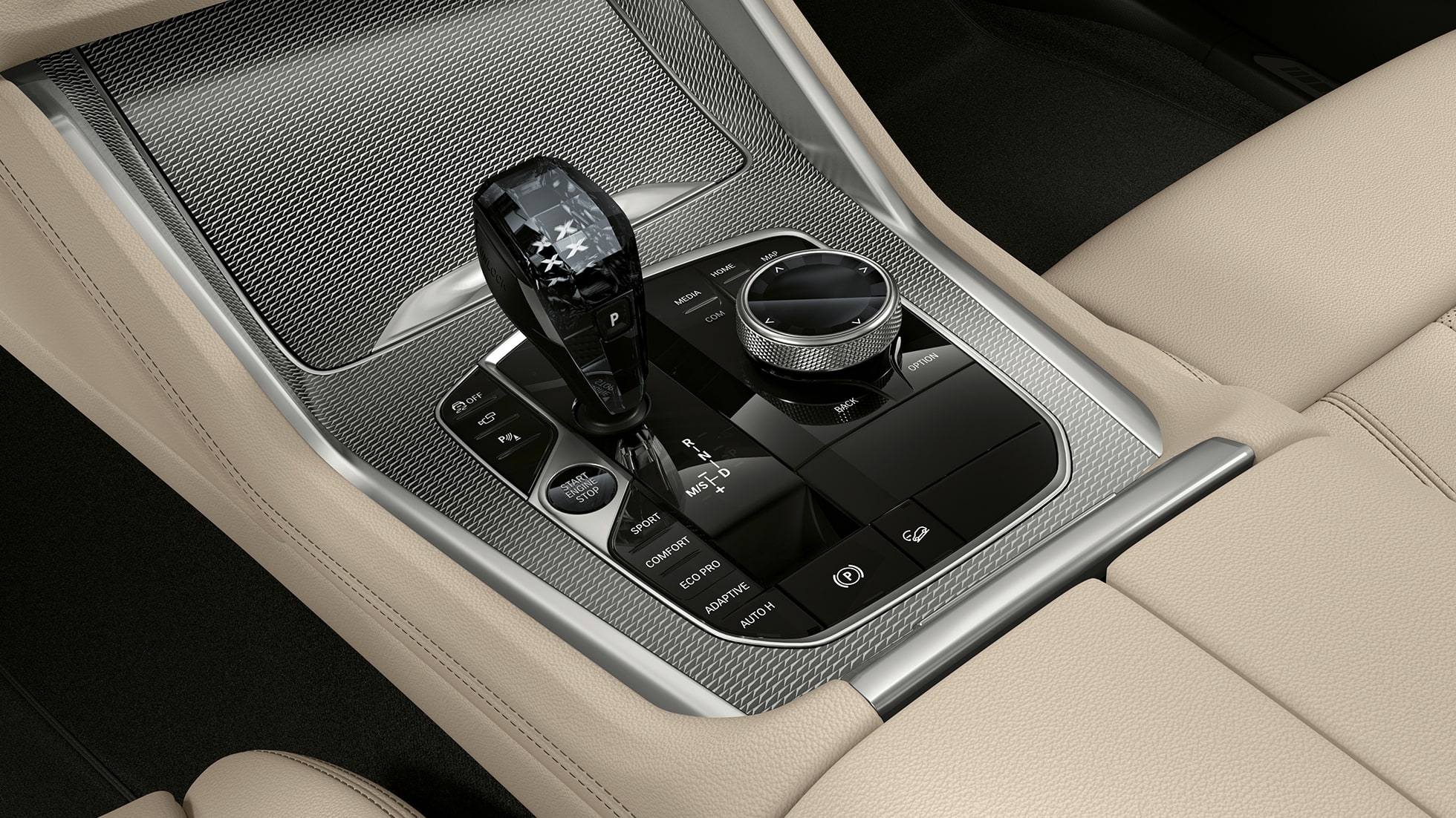 BMW X6、Mスポーツパッケージ装備、センターコンソール。 BMW X6、Mスポーツパッケージ装備、インテリア、センターコンソールのクローズアップビュー。