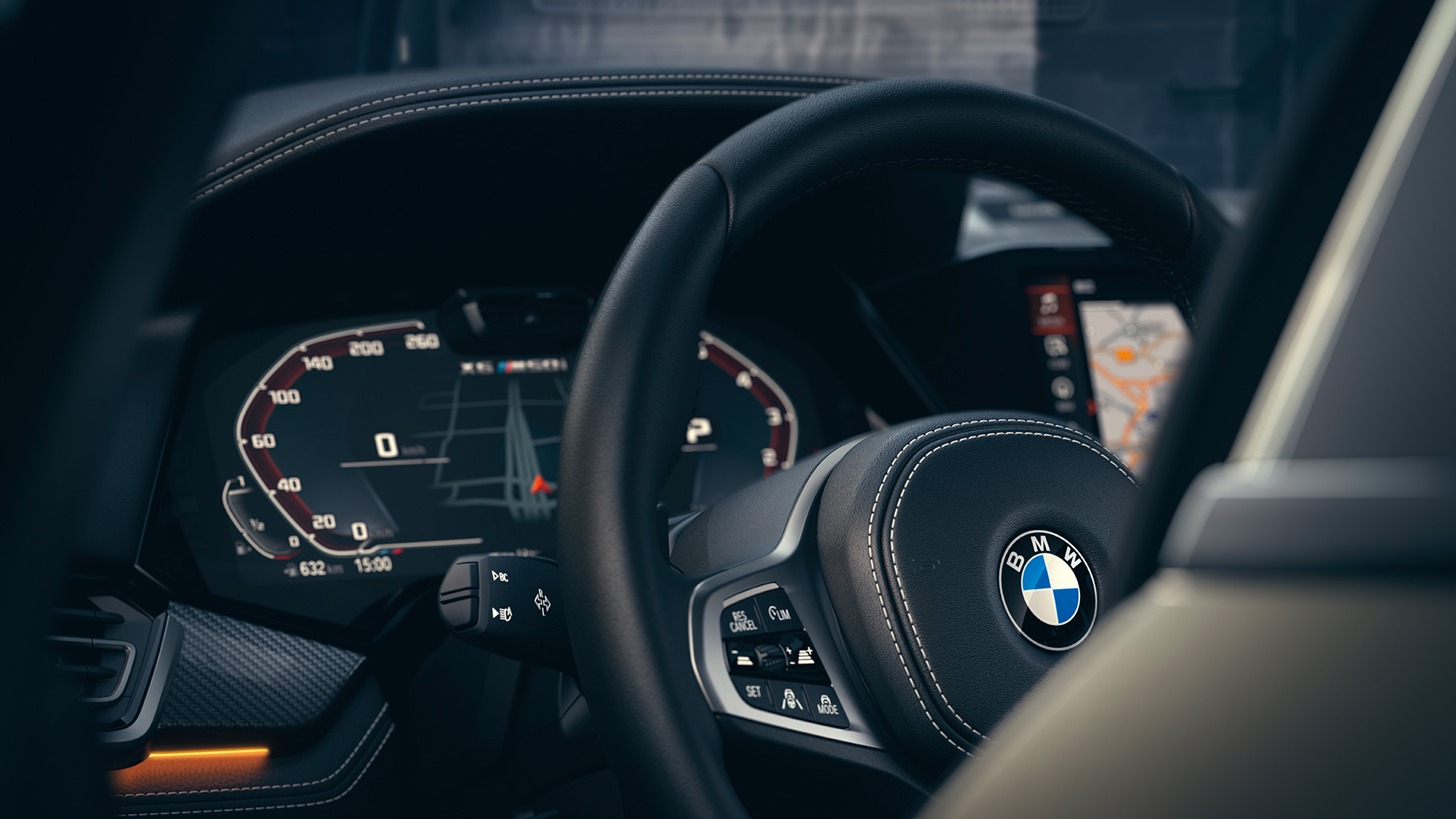 BMWアシスタンスシステム。 BMWインテリア、インスツルメントパネルのクローズアップビュー。