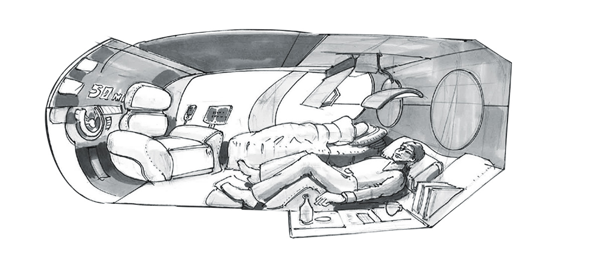 未来のインテリア Drawing of the interior of an autonomous driving car in the future.