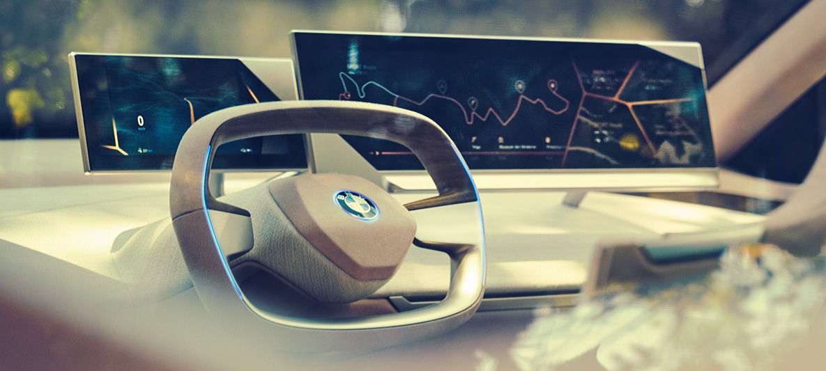 BMW Vision iNEXTのインテリア ハンドルとダッシュボードが写っている BMW Vision iNEXTのインテリア