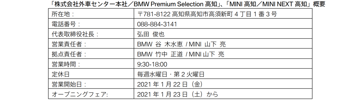 「株式会社外車センター本社/BMW Premium Selection 高知」、「MINI 高知/MINI NEXT 高知」概要 「株式会社外車センター本社/BMW Premium Selection 高知」、「MINI 高知/MINI NEXT 高知」概要