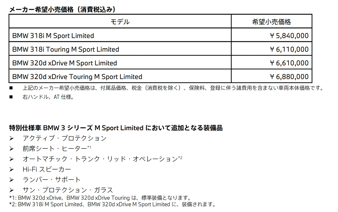 特別仕様車 BMW 3シリーズ M Sport Limited メーカー希望小売価格(消費税込み)   特別仕様車 BMW 3シリーズ M Sport Limited メーカー希望小売価格(消費税込み)