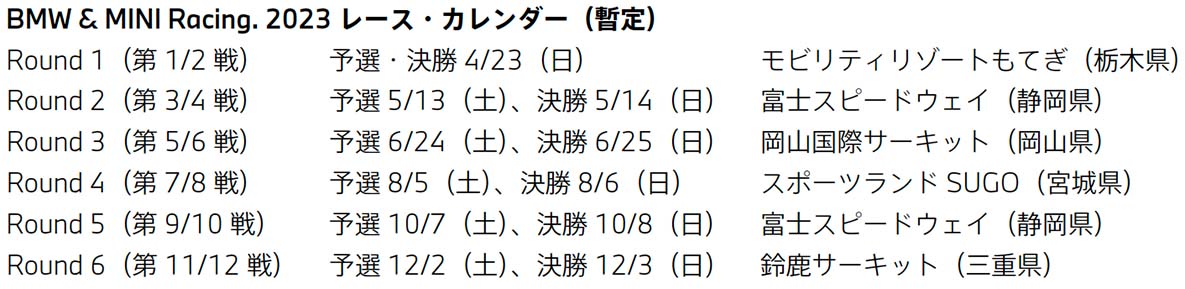 BMW & MINI Racing 2023レースカレンダー    BMW & MINI Racing 2023レースカレンダー