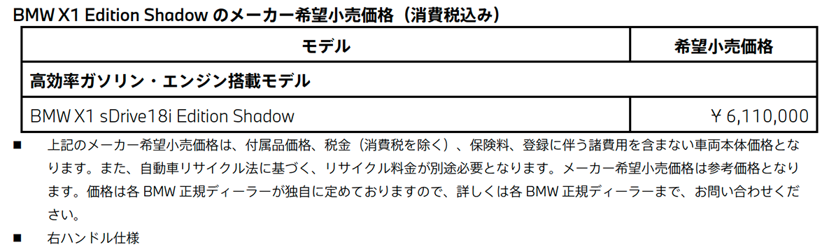 メーカー希望小売価格（消費税込み）