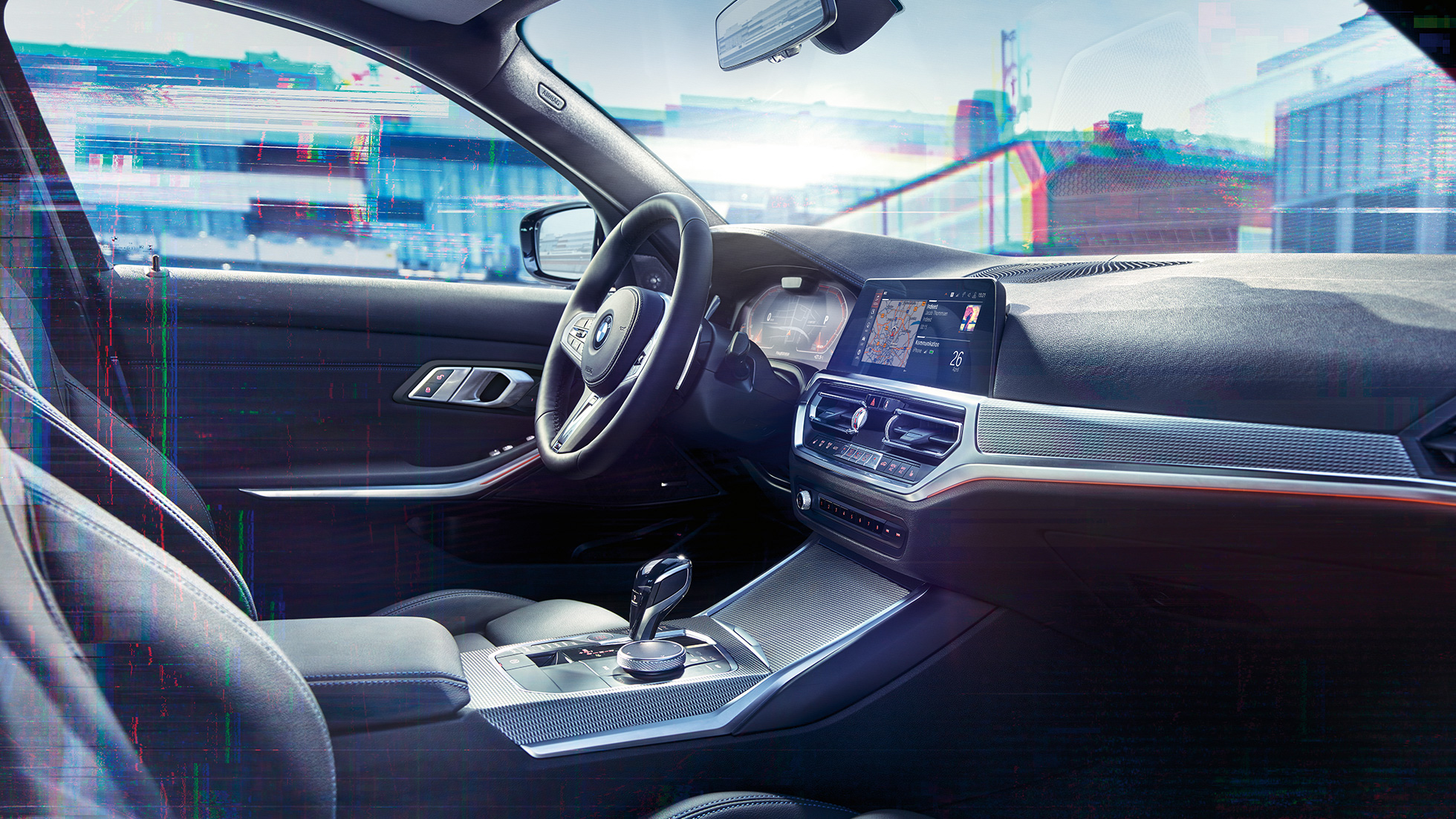 BMW 3シリーズ セダン、M 専用のメーター・パネル。G20 BMW 3シリーズ セダン、インテリアのクローズ・アップ。M 専用のメーター・パネルを備えたコックピット。G20